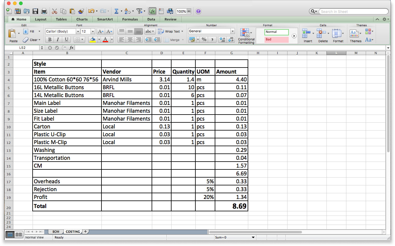 Costing Table On Excel