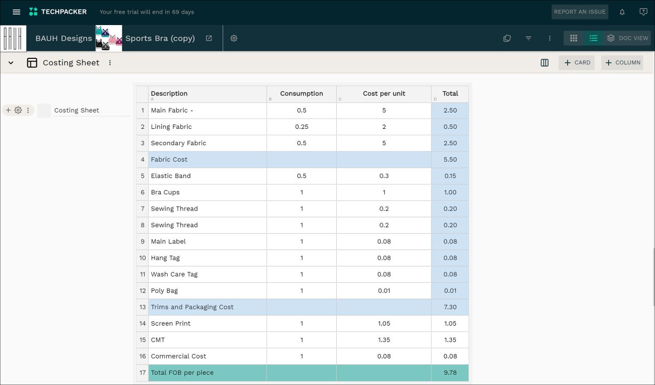 Sports bra cost sheet example