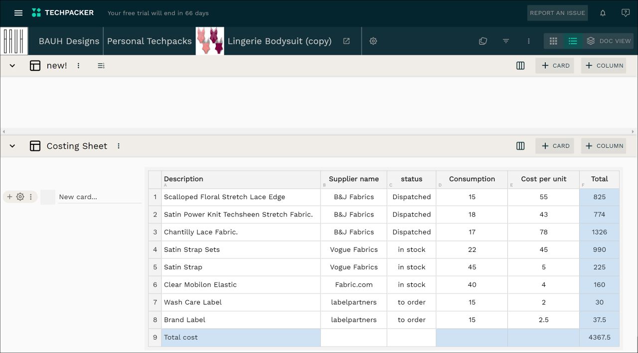 Lingerie cost sheet example