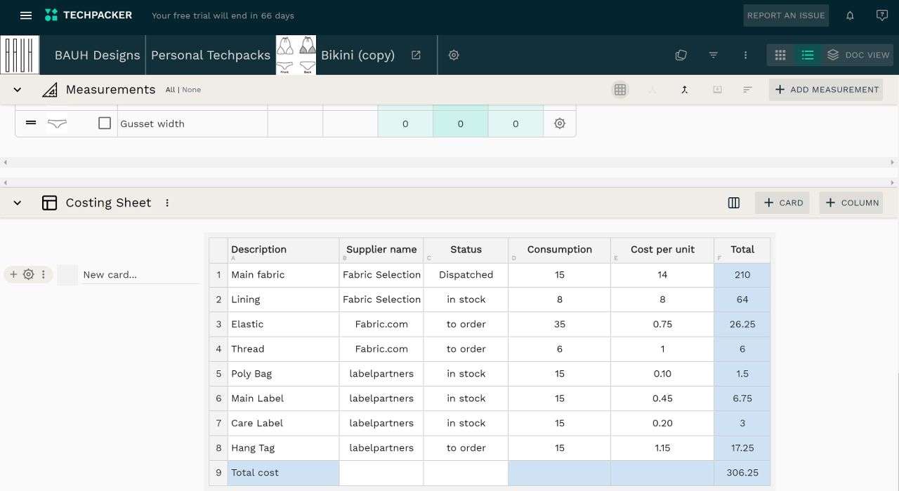 Swimwear cost sheet example