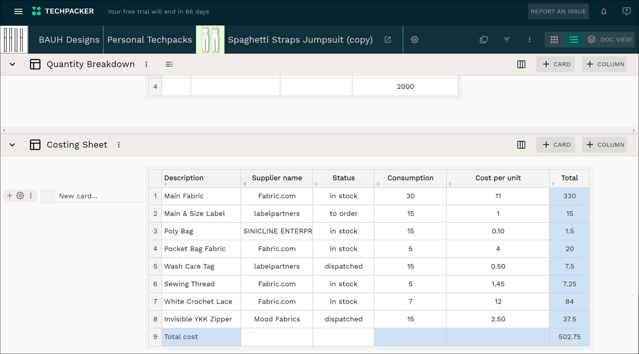 Jumpsuit cost sheet example