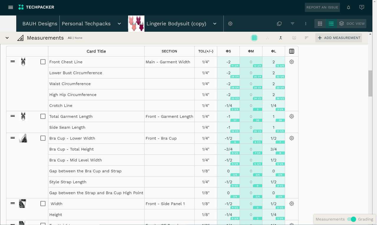 Garment spec gradings example