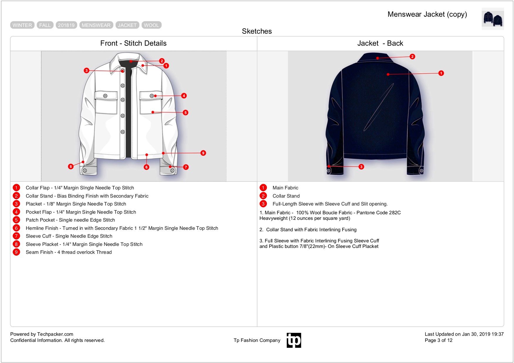 Tech pack sheet with Stitch details