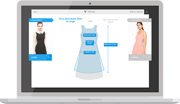 A widget by Virtusize that helps buyers visualize how to measure their favorite item at home and provides measurements for custom-fit garments.