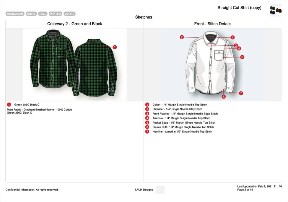 Spec sheet for a plaid shirt