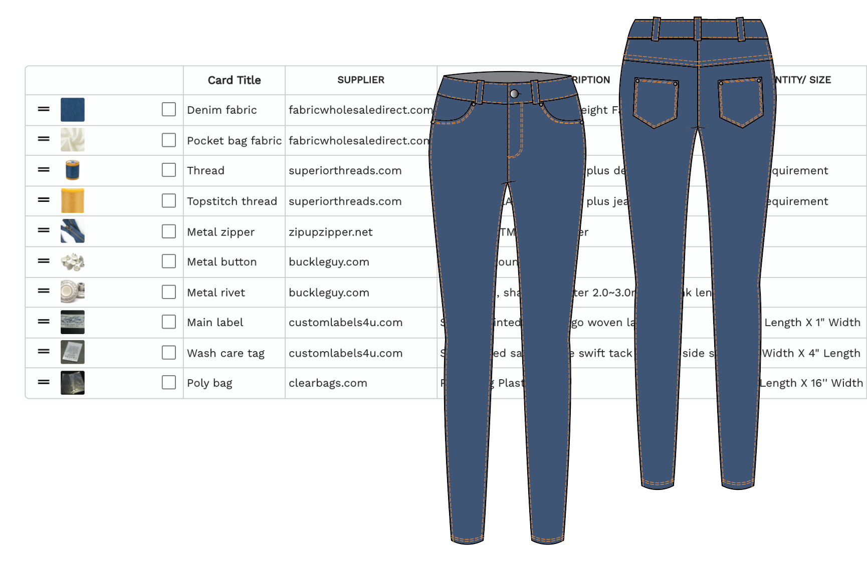 Denim Pants Bill Of Materials