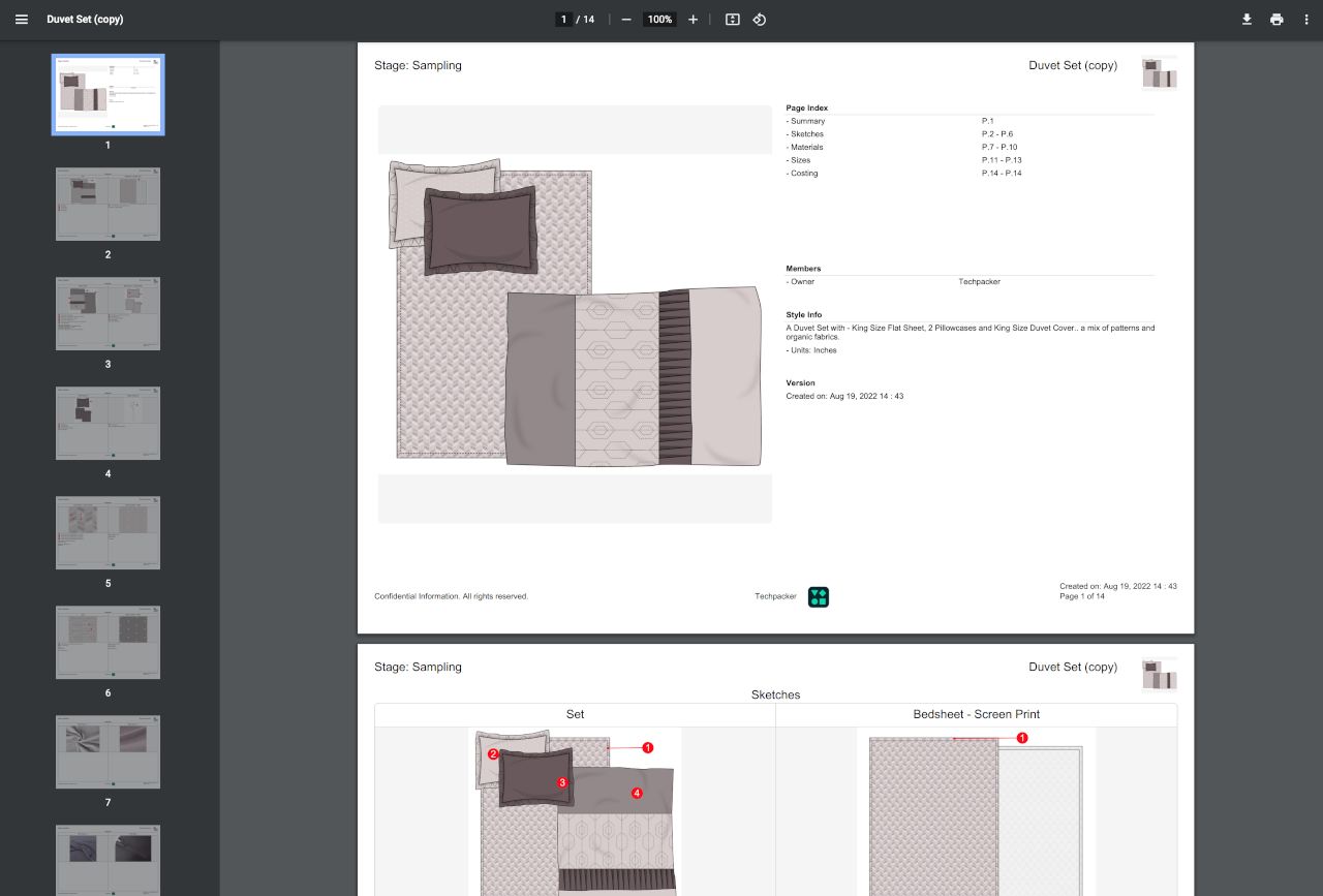 Example of a duvet set tech pack PDF