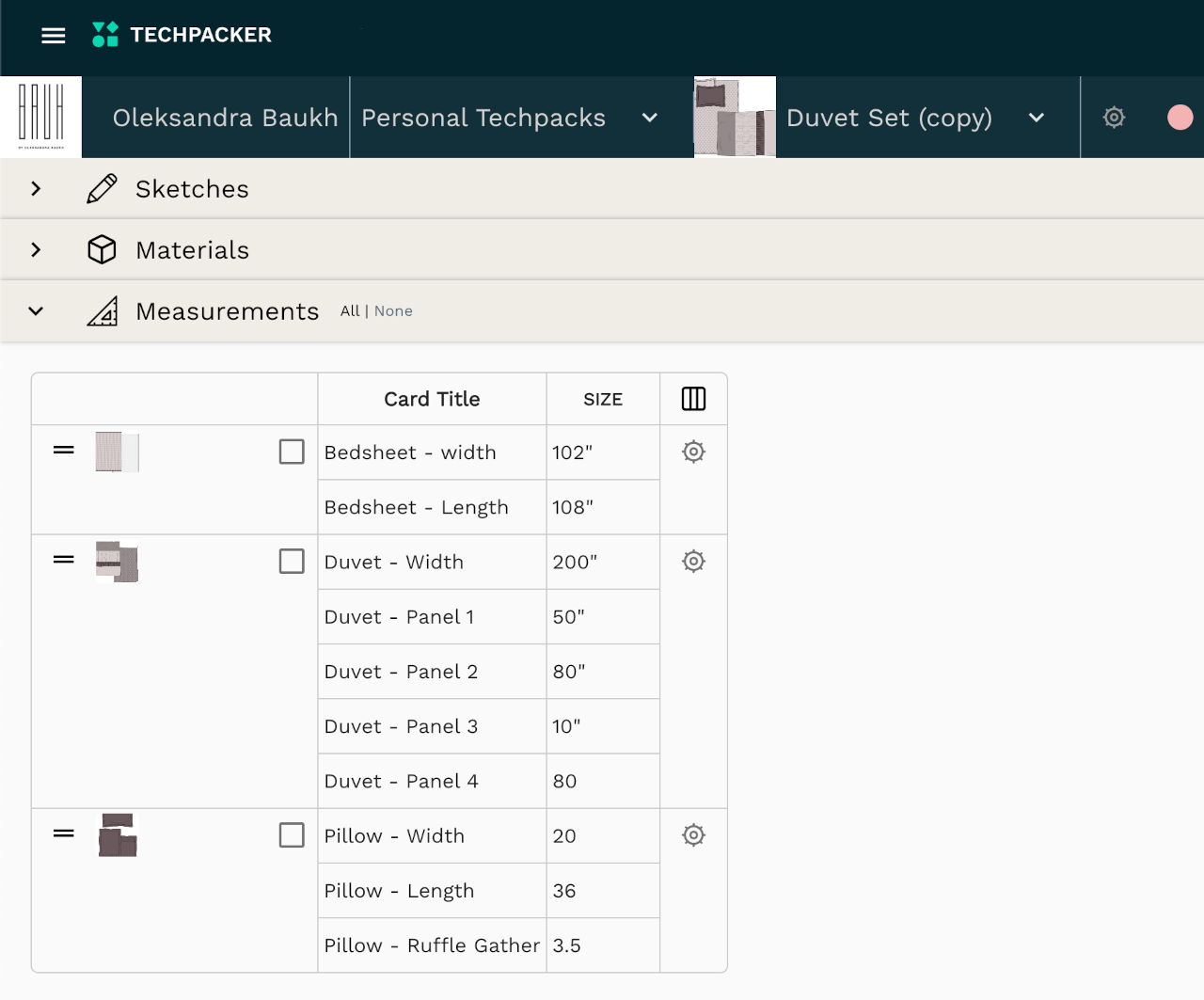 duvet set measurements tech pack