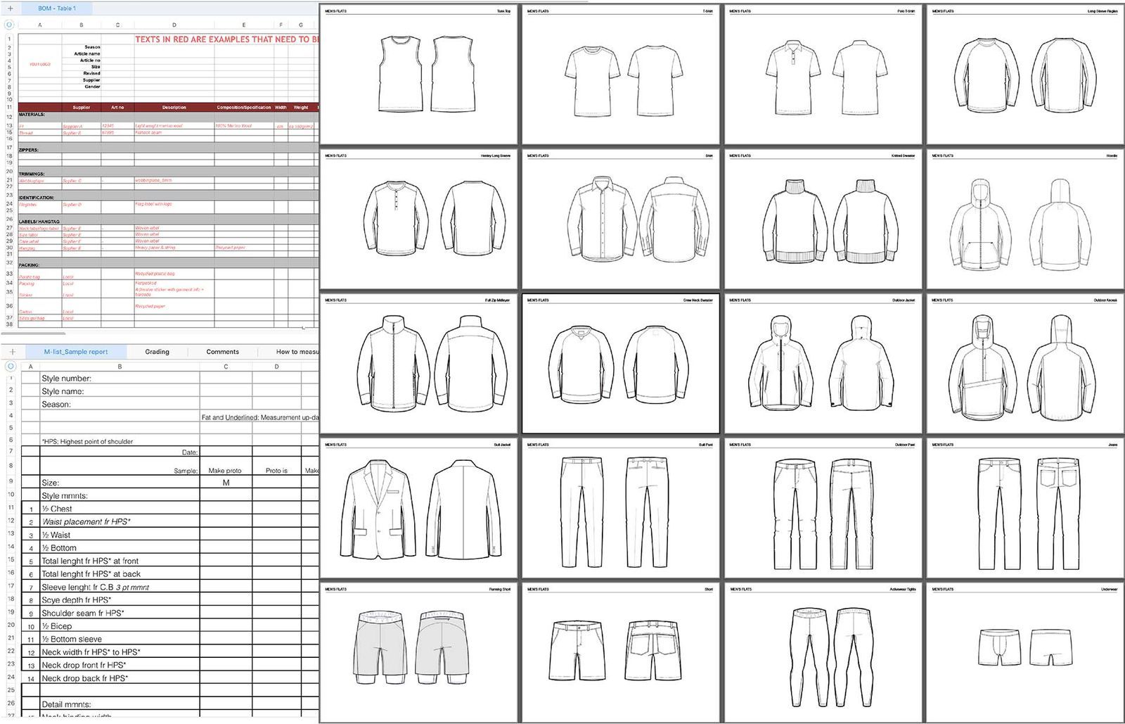 Example of a tech pack created in Excel