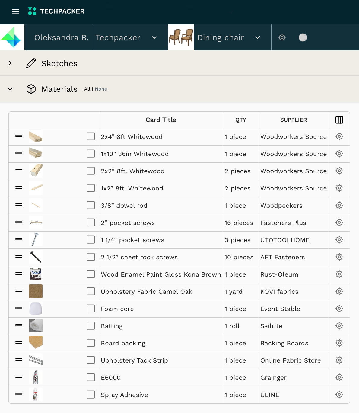 Furniture tech pack Bill of Materials