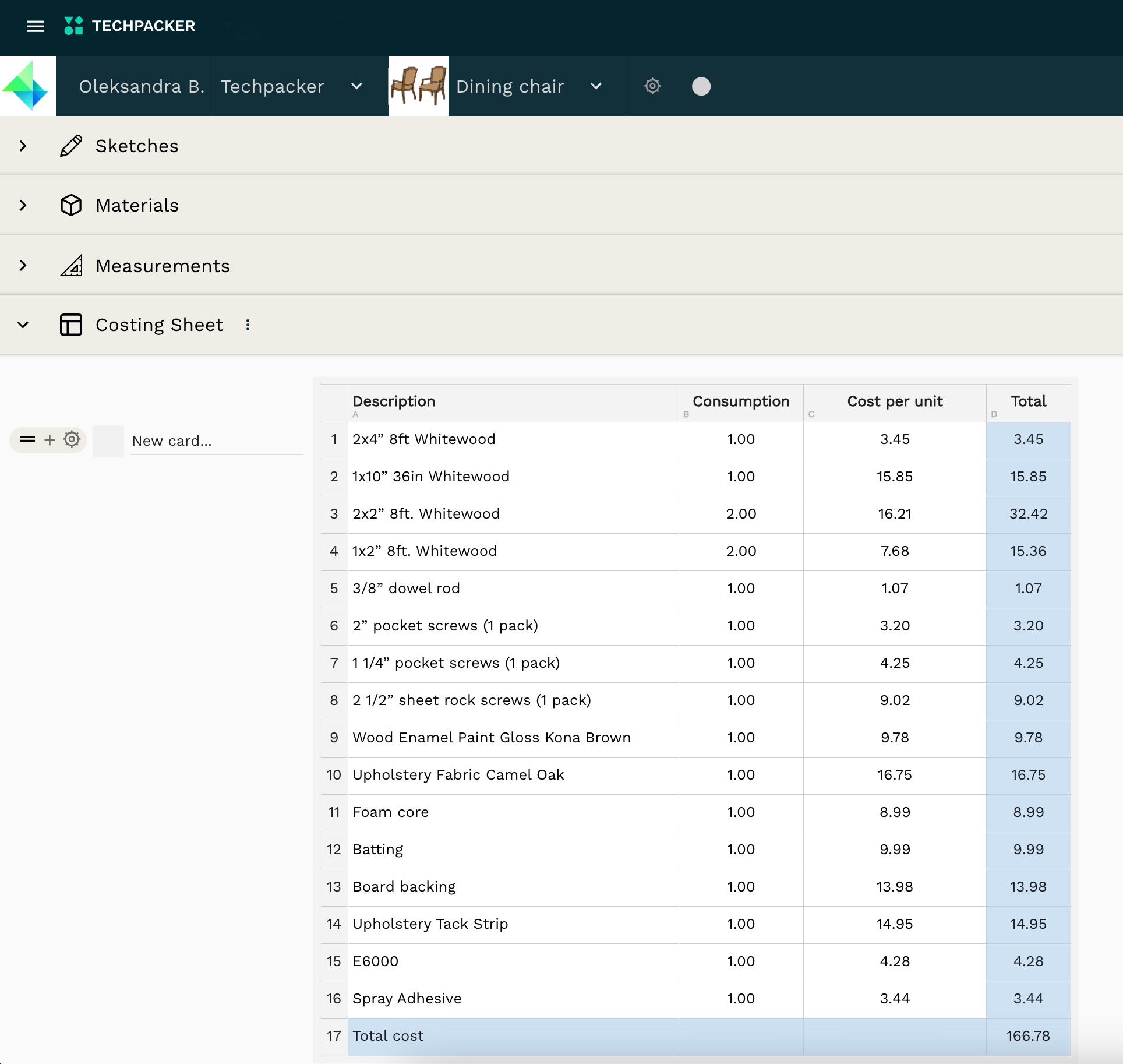 Furniture tech pack costing sheet