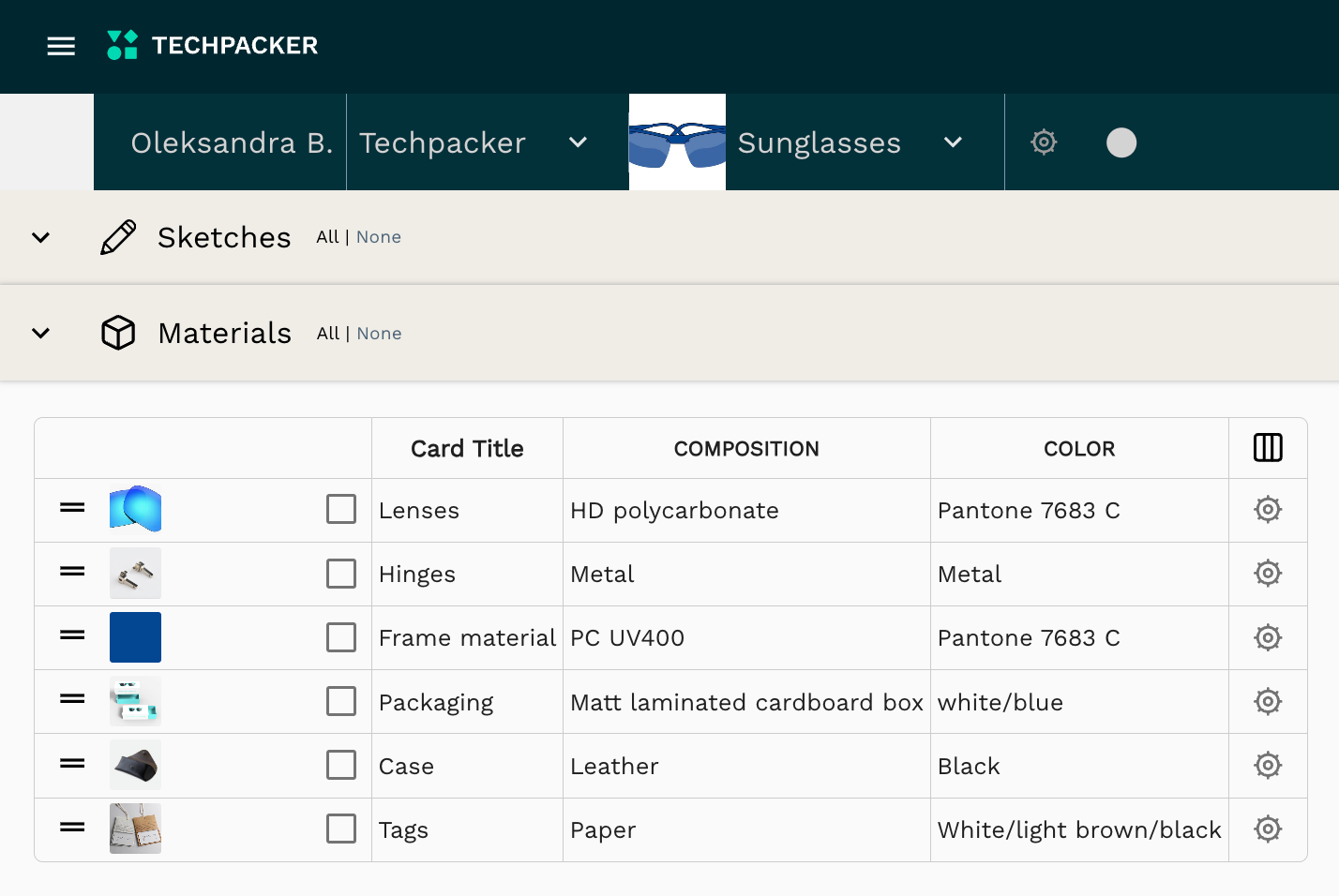 Techpacker tech pack template eyewear BOM