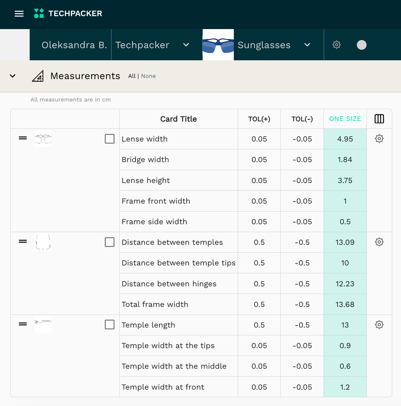 Techpacker Eyewear Measurements Table