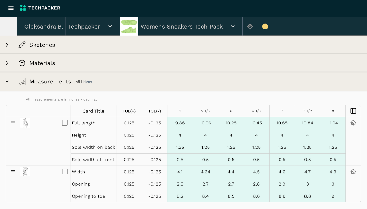 Techpacker sneakers measurement table