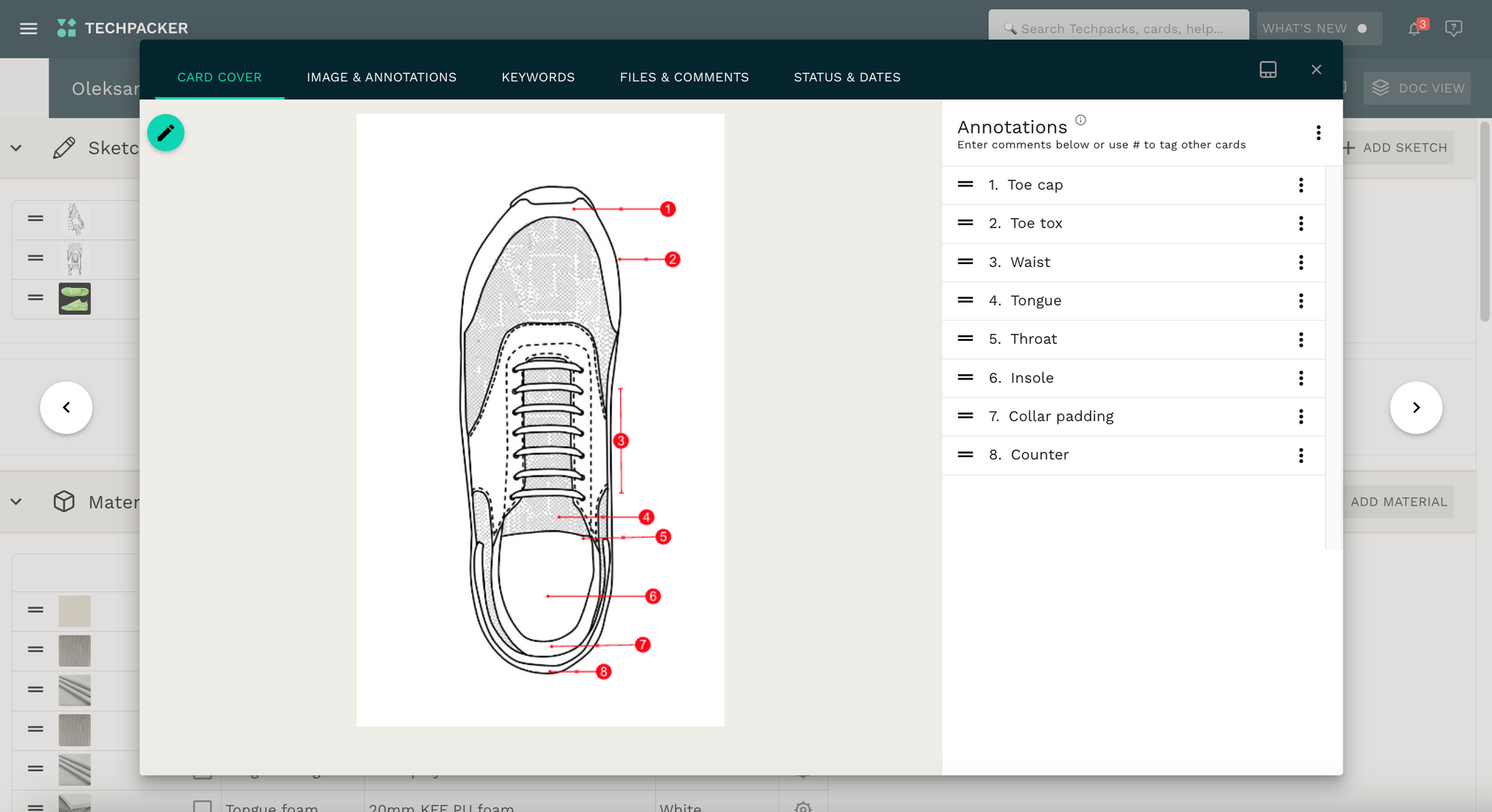 Adding specs using Techpacker's annotation tool - top view