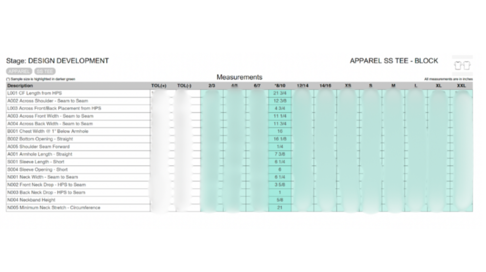 Tech Pack Graded Measurements for Toddler through Adult Sizes