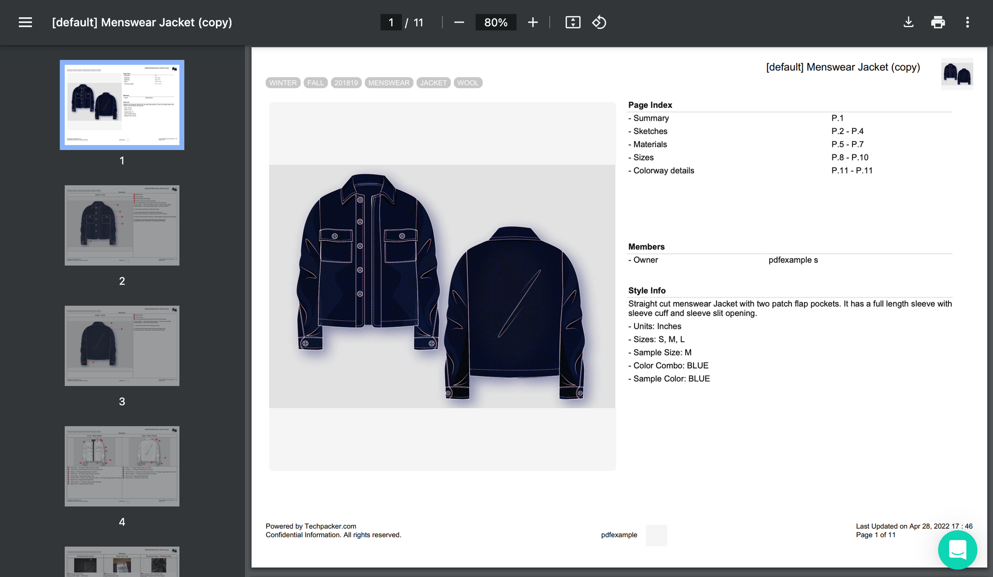 Menswear jacket tech pack example