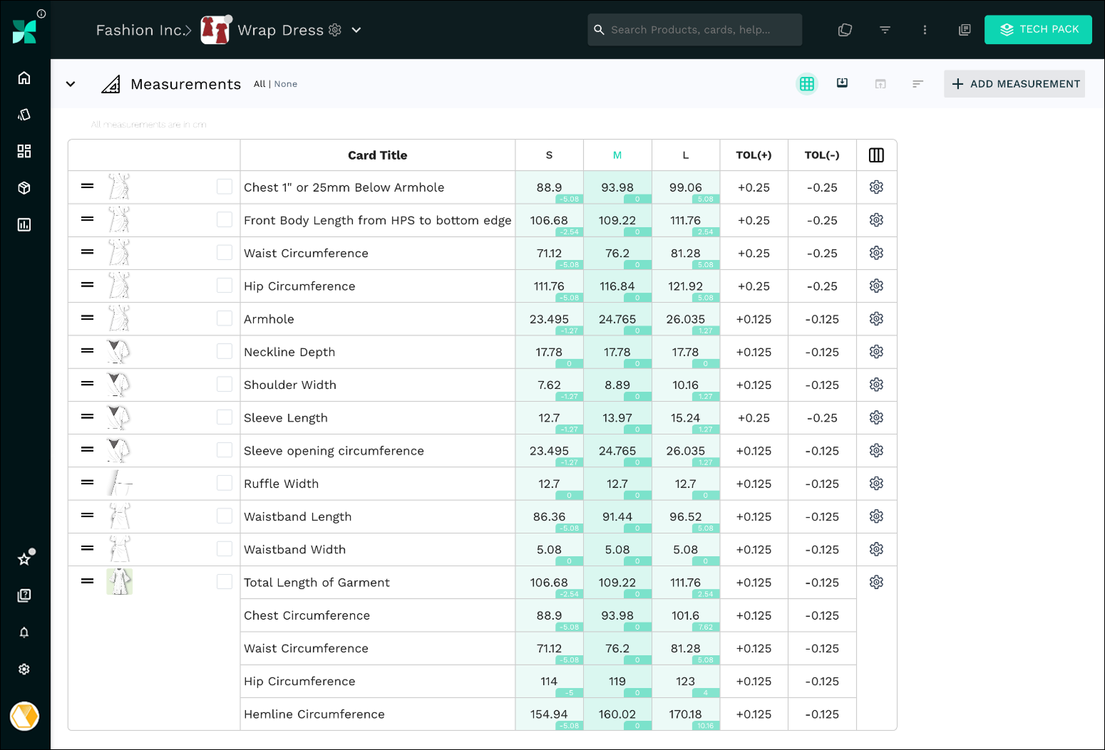 Techpacker Dress Measurements Table