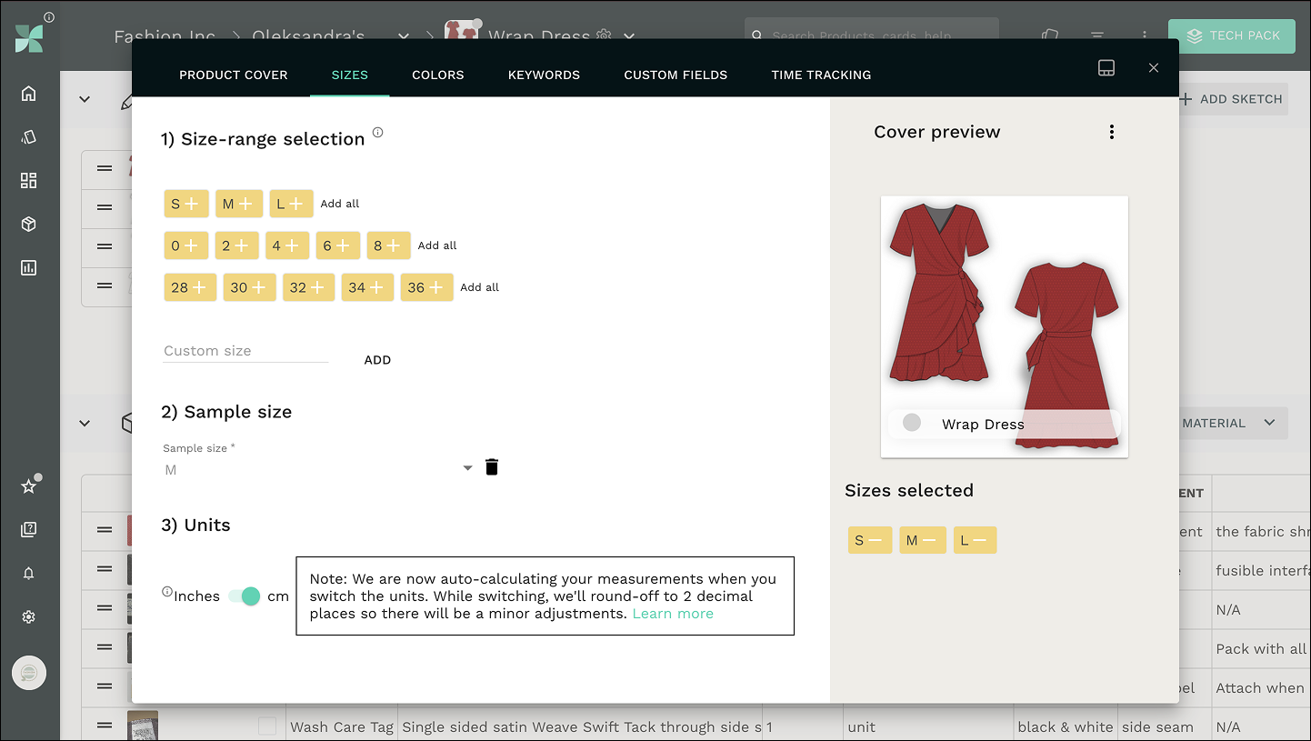 Add size and select units of measurement