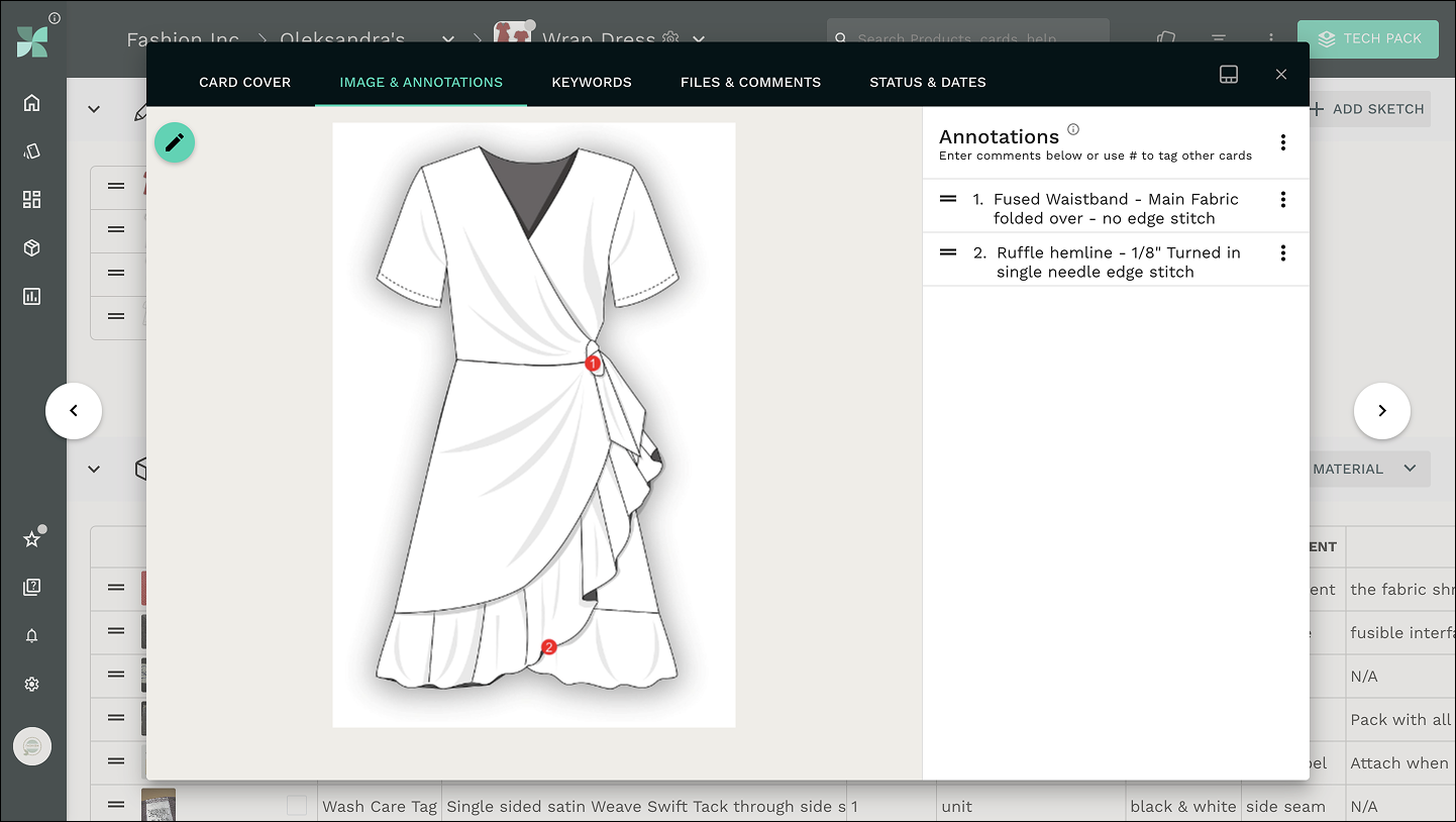 Annotations on the dress sketch - front view